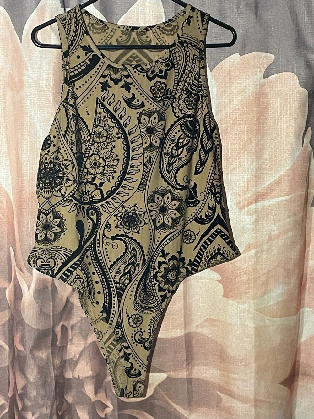 Woman’s body suit Asymmetric Paisley One-Piece Swimsuit - Black on Tan